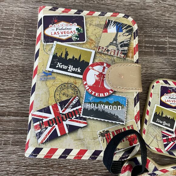3pc Passport Holder & Luggage Tag Set Travel Icons New York London Paris Print - Picture 7 of 8